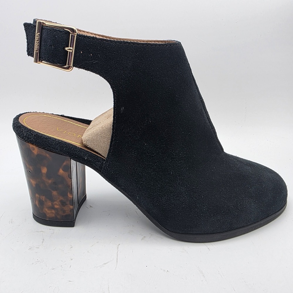 Vionic Lacey Suede Booties Size 9.5 Tortoise Block Heel Black Leather Mob Wife - Picture 3 of 14